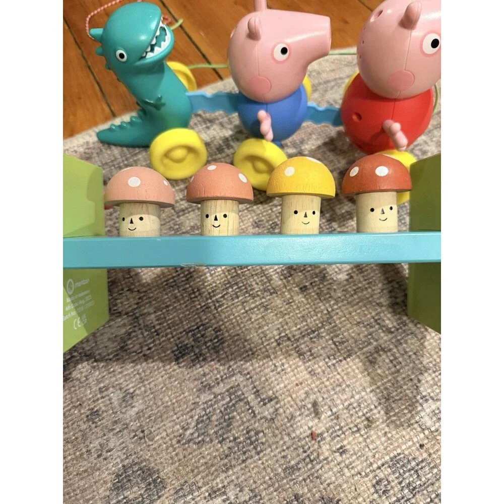 Toddler toy lot- Mentari Wooden mushroom Hammer Toy and Peppa Pig Pull Toy Tomy